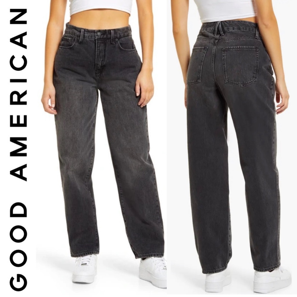 Good American 90s Trouser Jeans 25 Washed Black High Rise Vintage Retro Baggy - Picture 1 of 15